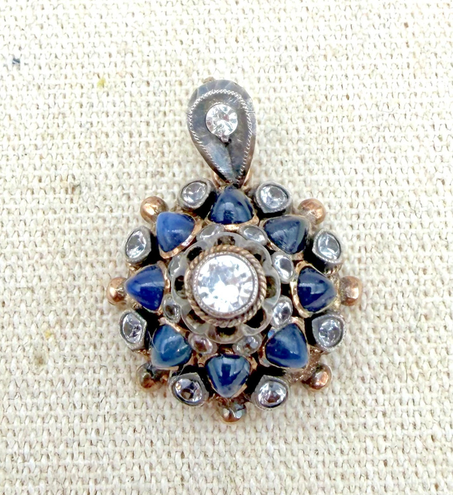 Antique Victorian Lapis Lazuli & Colorless Gemstone Cluster Pendant Mixed Metal