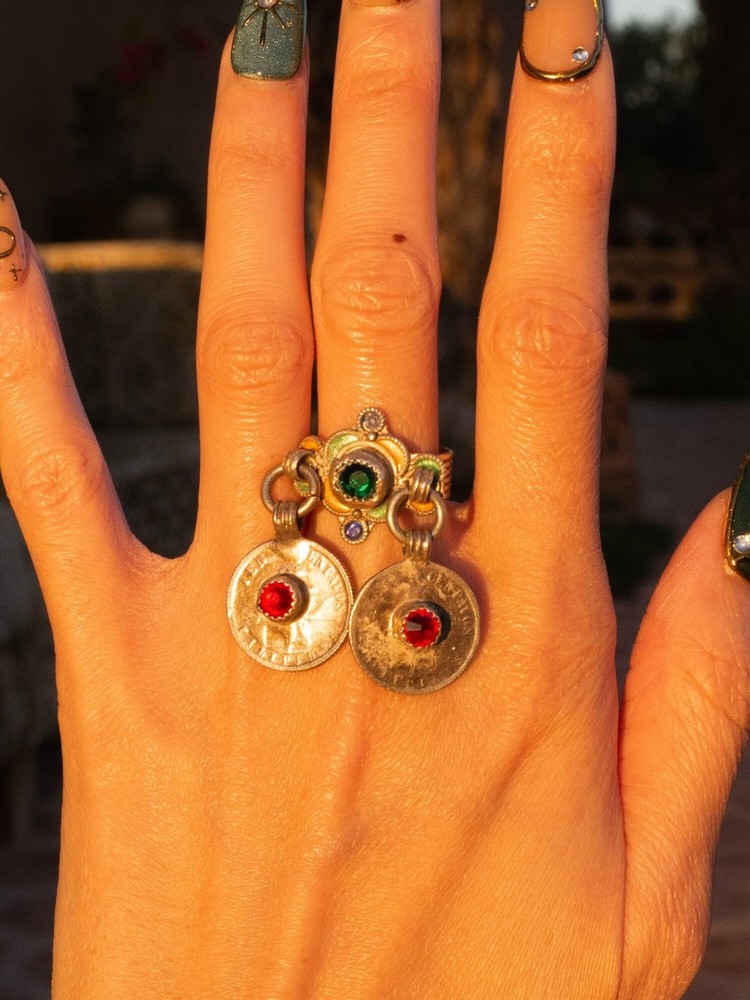 Vintage Berber/Atlas Moroccan Sterling Silver Coin Ring with Gems