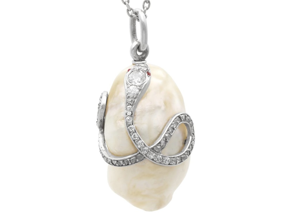 Antique Natural Saltwater Pearl, Ruby and 0.68Ct Diamond, Platinum Pendant