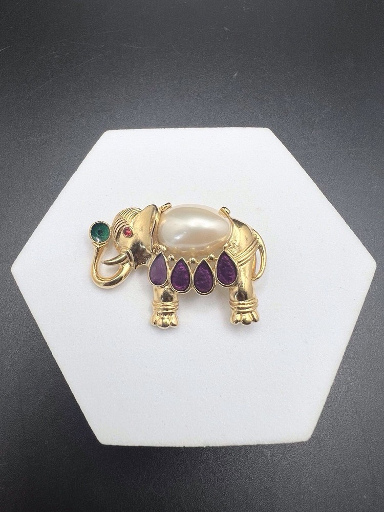 TRIFARI Gold Tone Vintage ELEPHANT Brooch Jewel Tone Enamel Faux Pearl
