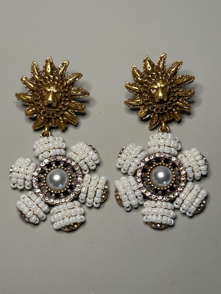 Miriam Haskell Beaded Pierced Lion Gold White Pearl Sun Flower Dangle Earrings