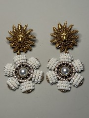 Miriam Haskell Beaded Pierced Lion Gold White Pearl Sun Flower Dangle Earrings