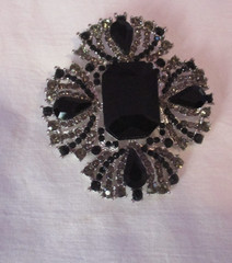 Vintage-Style Rhinestone Brooch with Large Black Faceted Center Stone 2.5 inches