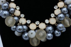 Faux Pearl Rhinestone Statement Necklace Gray Cream Gold Tone Cluster Bib