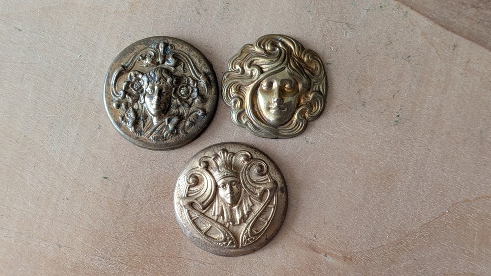 Art Deco Brass Stamped Findings Women’s Faces Set Of 3 For Brooch Or Pendant