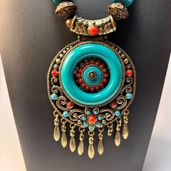 Chunky Vintage Necklace Wood Beads Boho Chunky Blue Resin Pendant