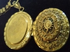 1930’s Brass Etruscan Revival Locket on Book Chain Very Ornate w/earrings