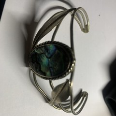 Vintage Cuff Bracelet Shell Gem Modernist Mexico Solid Silver Art Deco Handmade