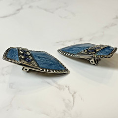 Vintage Edgar BEREBI Tribal So Western Blue Enamel Silver Tone Clip on Earrings