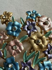 Vintage Gorgeous Enameled Flower Bouquet & Rhinestone Pot Brooch B2