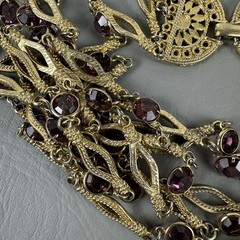 Vintage Necklace Gold Tone Multi Strand Purple Rhinestone Statement 25″