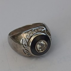 Chunky Silver Signet Ring Black Enamel Crystal Vintage Statement Domed Men Women