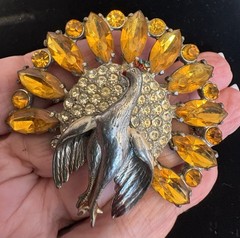 30s Vintage Pot Metal Peacock Brooch Amber Glass Marquise Pave Rhinestones 2.5″