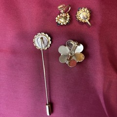 Vintage Guilloché Floral Jewelry Set Brooch Earrings Stick Pin