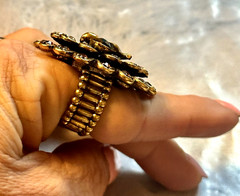 Vintage Gold Tone Stretchy Rhinestone Owl Ring, Signed