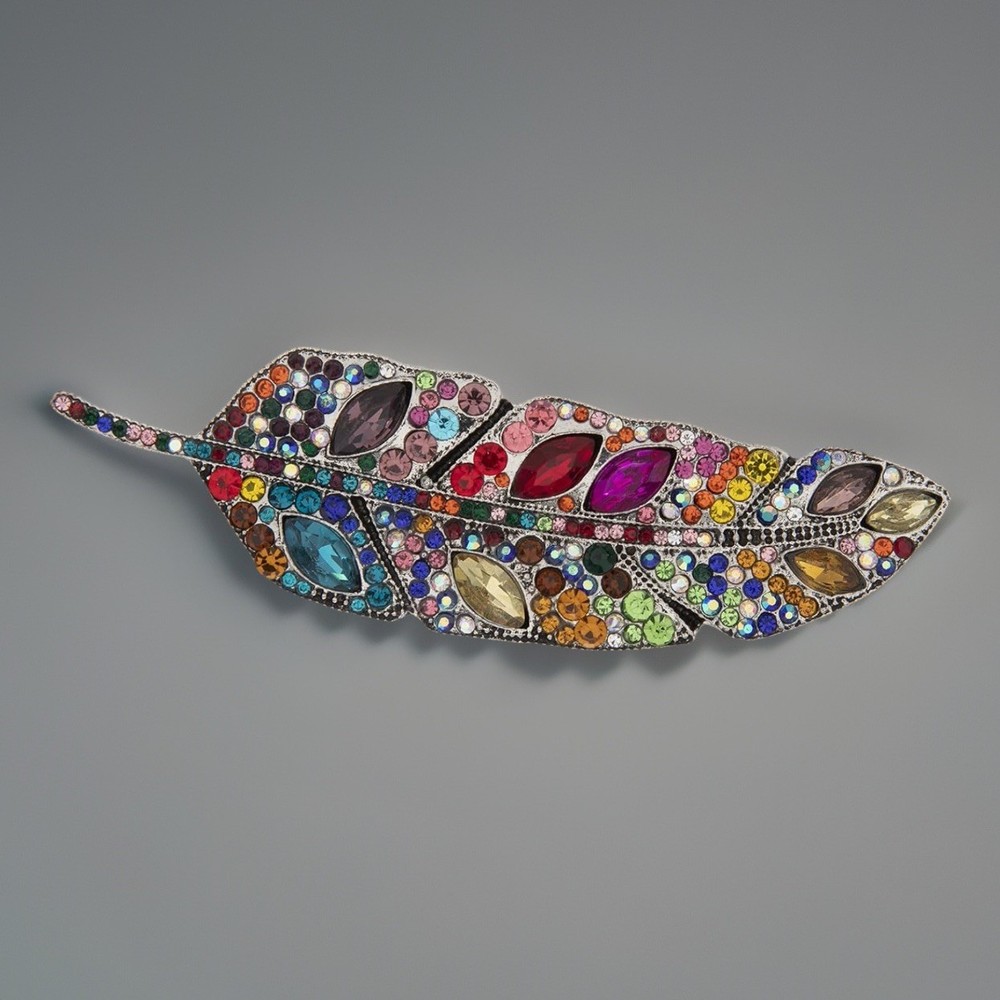 Silver Tone Multicolor Rhinestone Feather Brooch