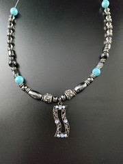 Vintage 90s Silver Art Deco Pendant Necklace Blue AB Crystals Rhinestones 18″