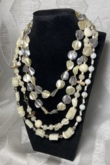 3 Piece Vintage Beaded Statement Necklace Lot, White & Grey Abstract, Layering