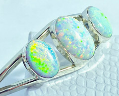 Vintage Sterling Native American Signed Carlos Faux Opal Cuff Bracelet 2 3/8″