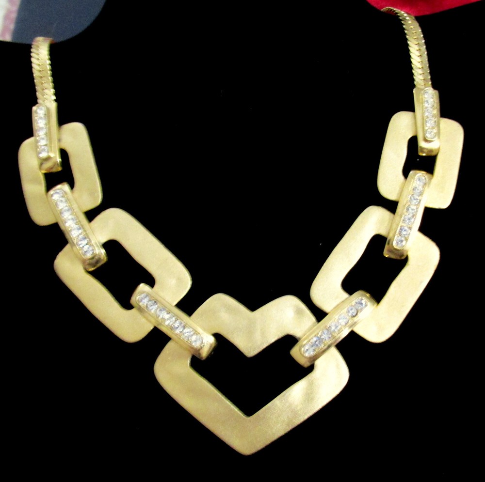 VTG RUNWAY GEOMETRIC SATIN GILT PAVE RHINESTONE MODERNIST/DECO NECKLACE CHIC