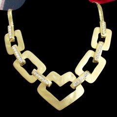 VTG RUNWAY GEOMETRIC SATIN GILT PAVE RHINESTONE MODERNIST/DECO NECKLACE CHIC