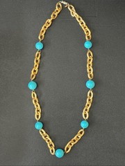 VTG Les Bernard Costume Jewelry Turquoise Bead Gold Plated Link Necklace