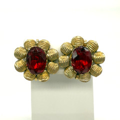 Vintage Coro Earrings Wired Petals Gold Tone Red Lucite Centers Clip On Signed