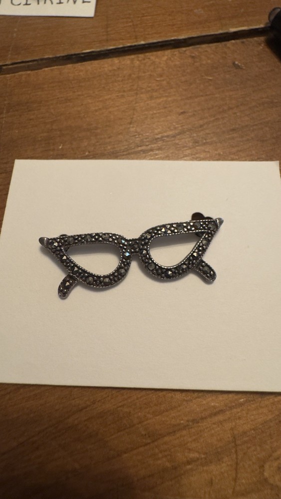 Antique Sterling Silver/Marcacite Cat Eye Glasses Brooch/Pin Stamp 925 Art Deco