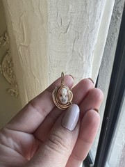 Oval Cameo Portrait Pendant Charm, 14K Solid Gold, Oval Stone Color + Diamond