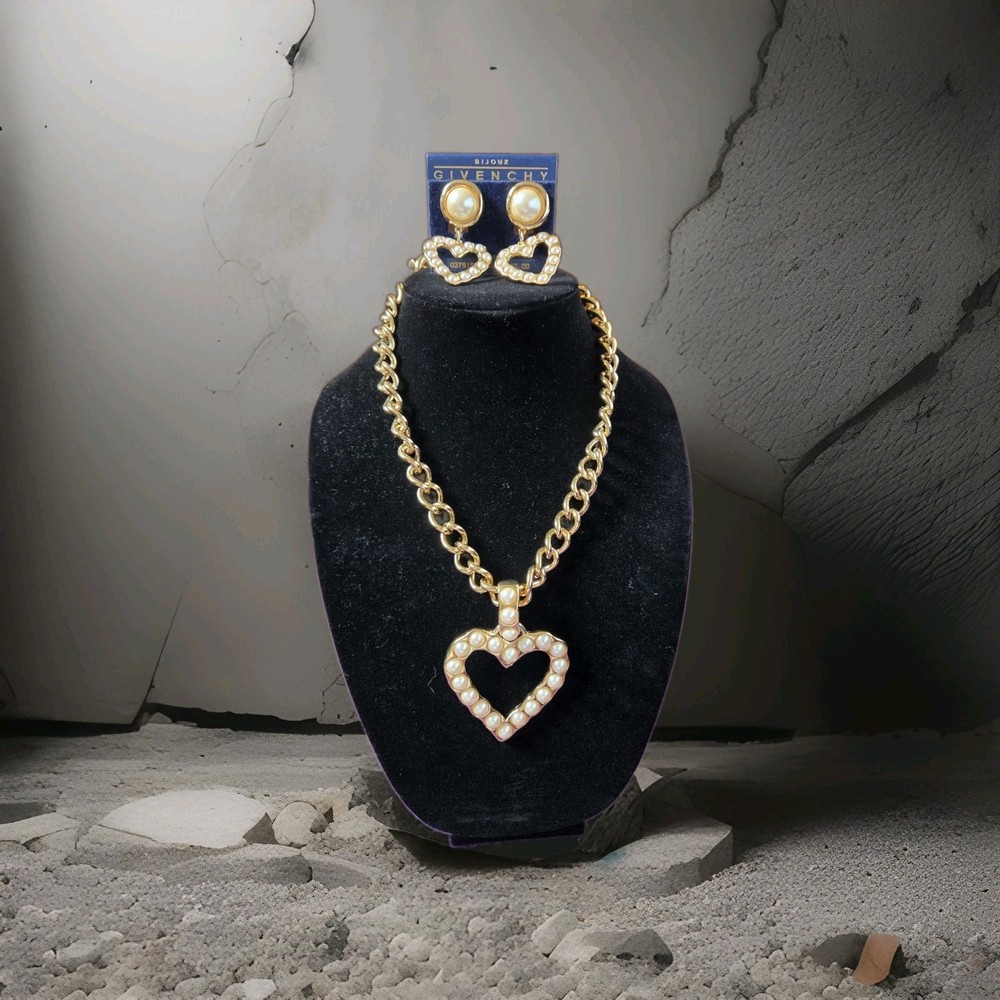 Vtg 1980s BIJOUX GIVENCHY Pearl Heart Necklace & NWT Clip-On Earrings Set