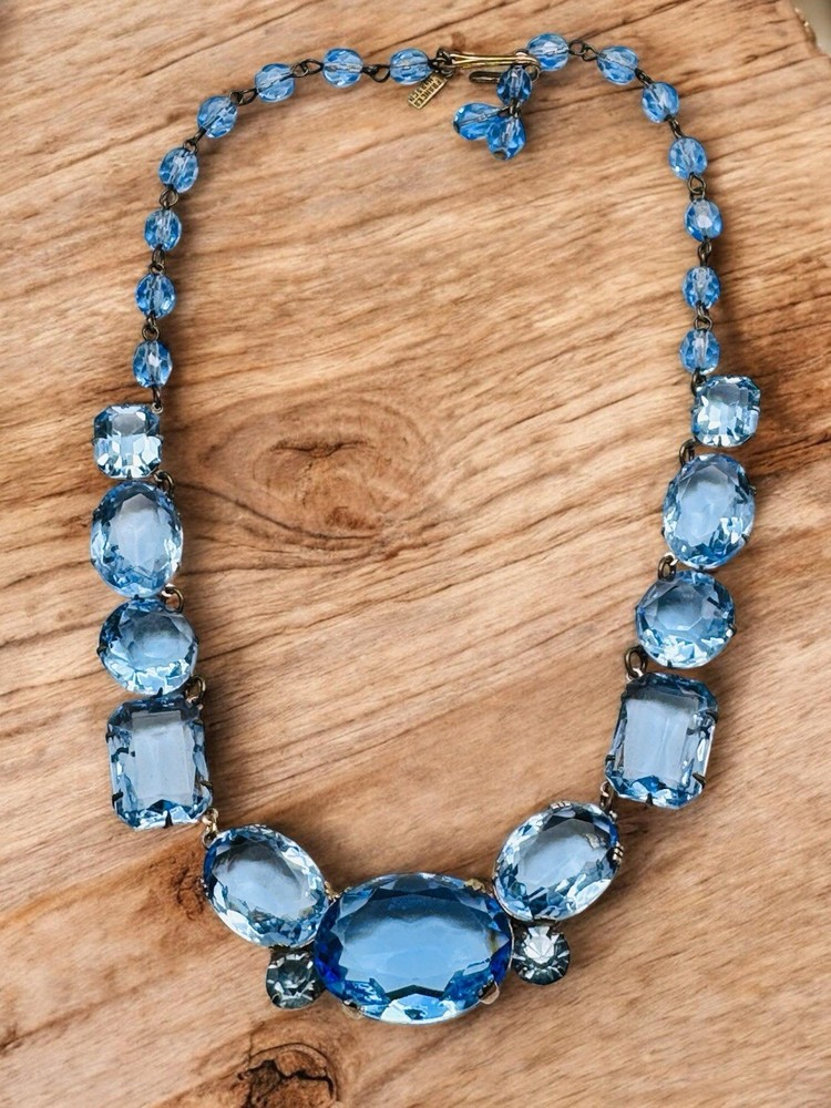 Vintage Blue Glass Rhinestone Necklace Signed Frances Hirsch Beautiful 16″