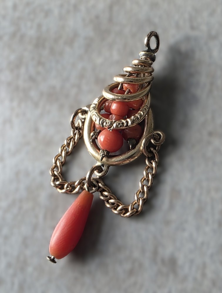 Victorian or Etruscan Revival Gold Filled and Natural Coral Lavalier 3.1g