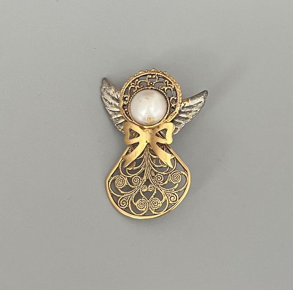 Vintage Gold & Silver Tone Metal Angel Brooch Faux Pearl Open Cut Details 1.75”