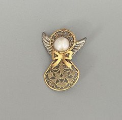 Vintage Gold & Silver Tone Metal Angel Brooch Faux Pearl Open Cut Details 1.75”