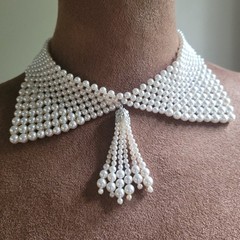 Vintage Japan Faux Pearl Collar Tassel Necklace Rhinestone Clasp 13″ Coquette