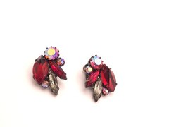 Vintage Austria Red-Grey and Aurora Rhinestone Brooch and Earrings Set