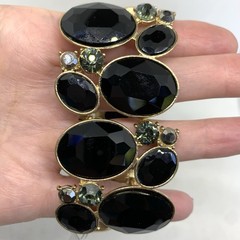 Fashion Oval Gem Cluster Chunky Cuff Black Smokey Deep Green Stretch Bracelet 9”