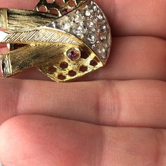 Vintage Elephant Brooch Mid Century Modern Gold Tone Rhinestone Red Eyes Mod Pin