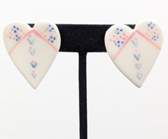Vintage Artisan White Pink Blue Ceramic Heart Pierced Earrings Boho