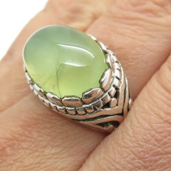925 Sterling Silver Vintage Real Cabochon Prehnite Ornate Ring Size 6.75