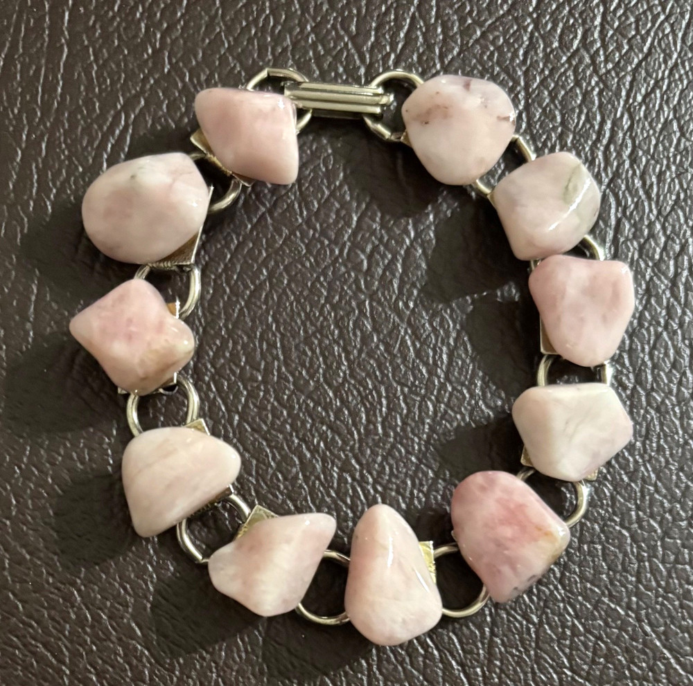 Vintage Bracelet Pink Stones Silver Tone Links 7 Inches Fold Over Clasp Chunky