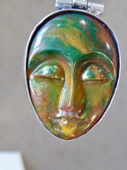 VINTAGE STERLING SILVER 925 RAINBOW LABRADORITE CARVED FACE PENDANT 1 3/4″