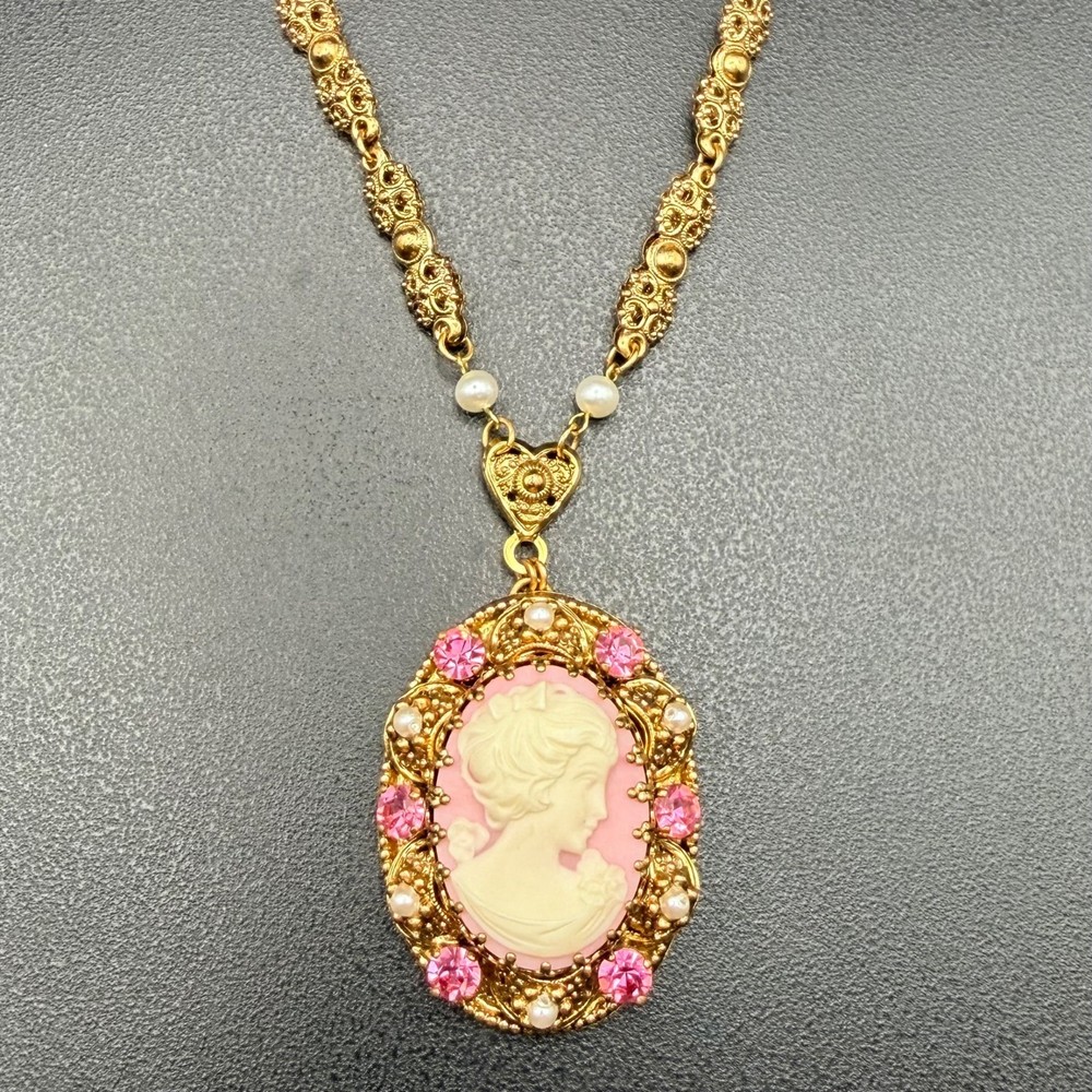 Vintage West Germany Pink Cameo Necklace Exceptional Brass Filigree 1960s