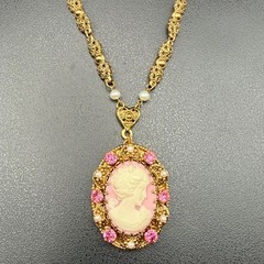 Vintage West Germany Pink Cameo Necklace Exceptional Brass Filigree 1960s