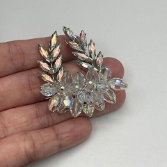 VTG AB Aurora Borealis Crystals Rhinestones 3D Cluster Leaf Brooch Pin Rhodium