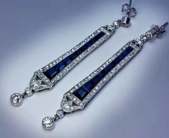 Art Deco Style Lab Created Sapphire Diamond Engagement 14k White Gold FN Earring