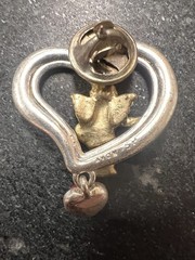 Vtg Avon Silver Plated Heart Cherub Red Dangle Heart Pin Brooch Valentines Day