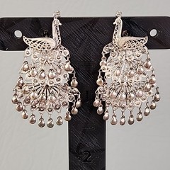Vintage Sterling Silver Peacock Earrings Cannetille Filigree Articulated Dangles