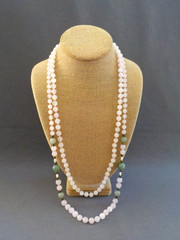Light Pink Quartz & Green Stone (2) Single Strand Necklace Knotted Bead No Clasp
