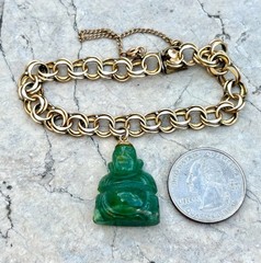 Vintage Double Link 12K 1/20 Gold Filled Green Carved Stone Charm Bracelet